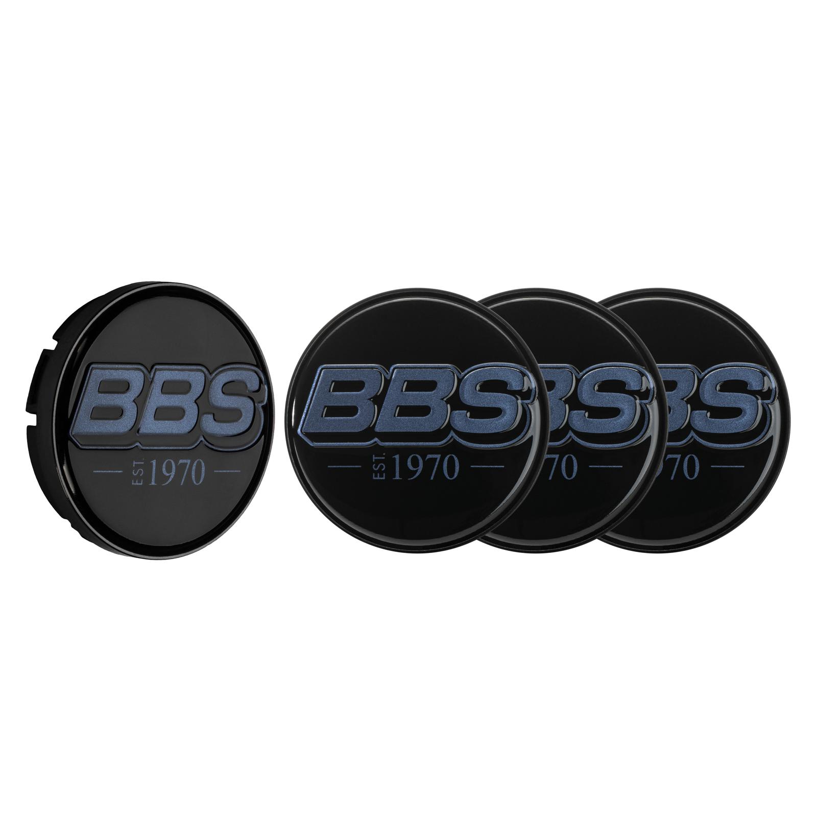 BBS 2D Nabendeckel est. 1970 geprägt schwarz mit Logo indigo blue Ø70,6mm (Set 4 Stück)
