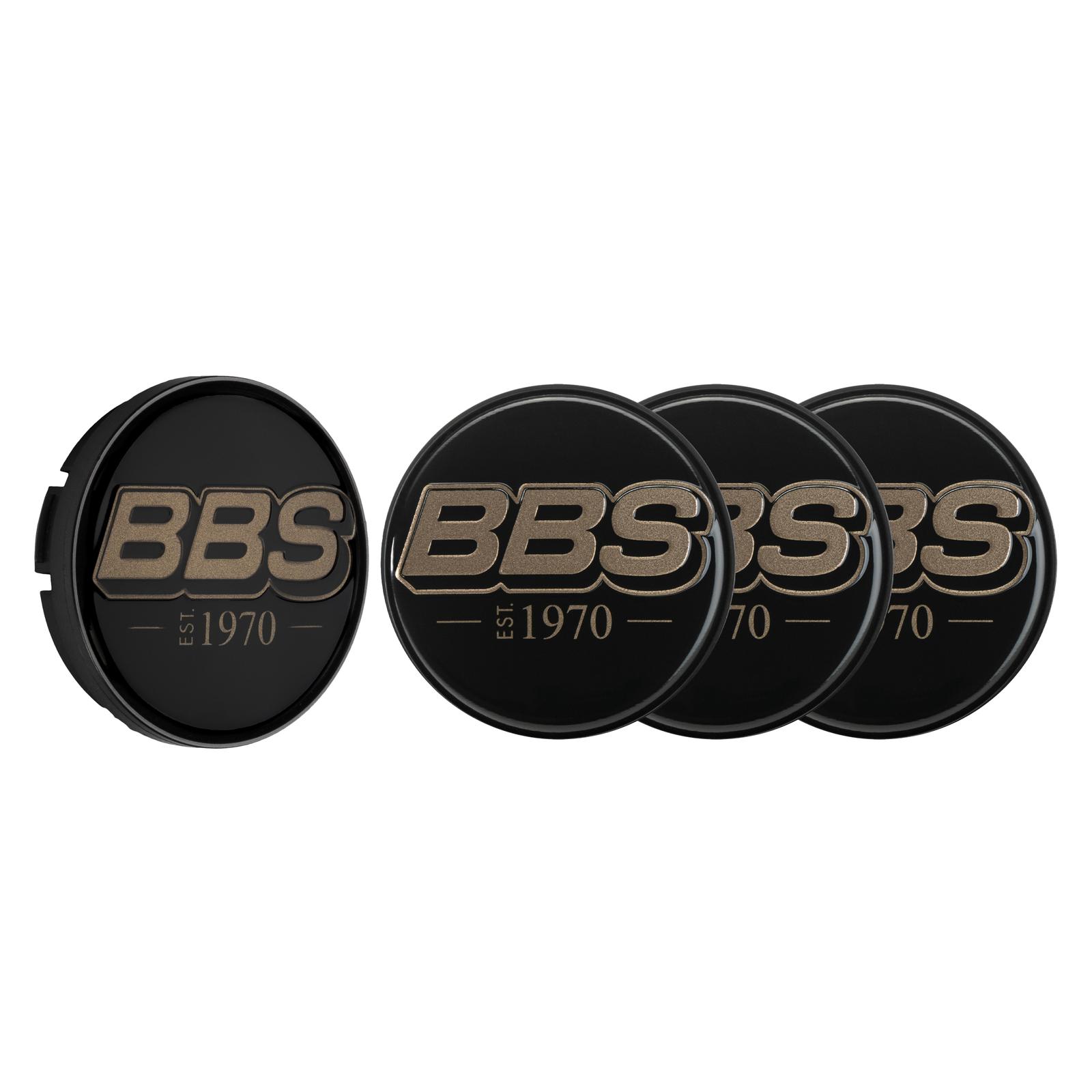 BBS 2D Nabendeckel est. 1970 geprägt schwarz mit Logo bronze Ø56mm (Set 4 Stück)