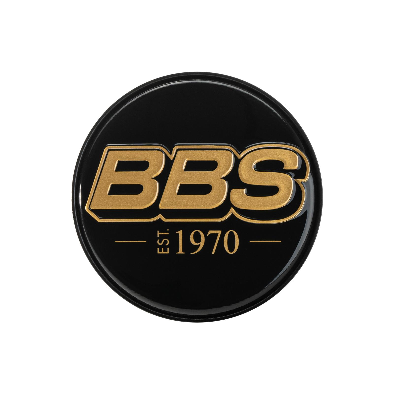 BBS 2D Nabendeckel est. 1970 geprägt schwarz mit Logo gold Ø56mm