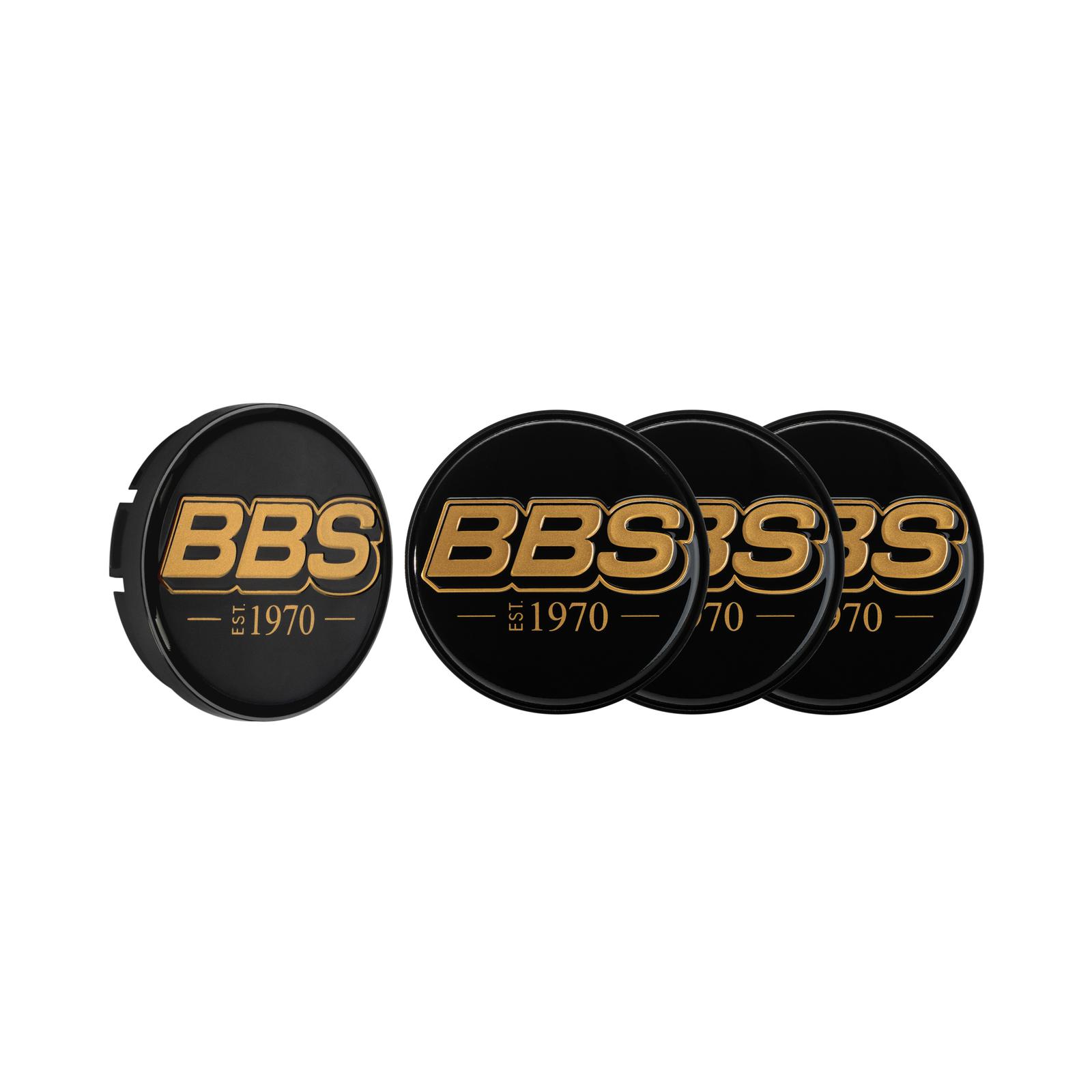 BBS 2D Nabendeckel est. 1970 geprägt schwarz mit Logo gold Ø70,6mm (Set 4 Stück)