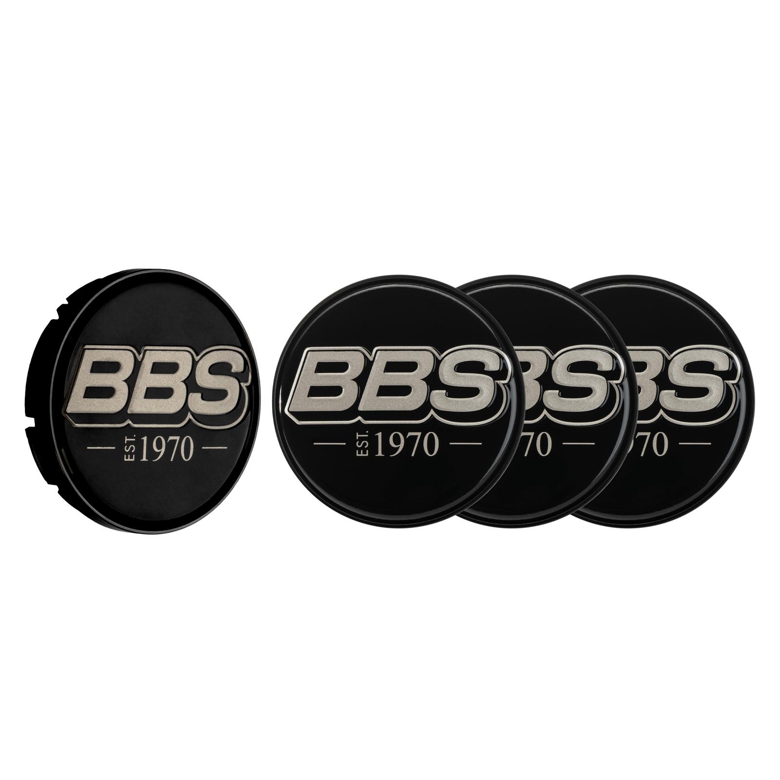 BBS 2D Nabendeckel est. 1970 geprägt schwarz mit Logo weißgold Ø56mm (Set 4 Stück)