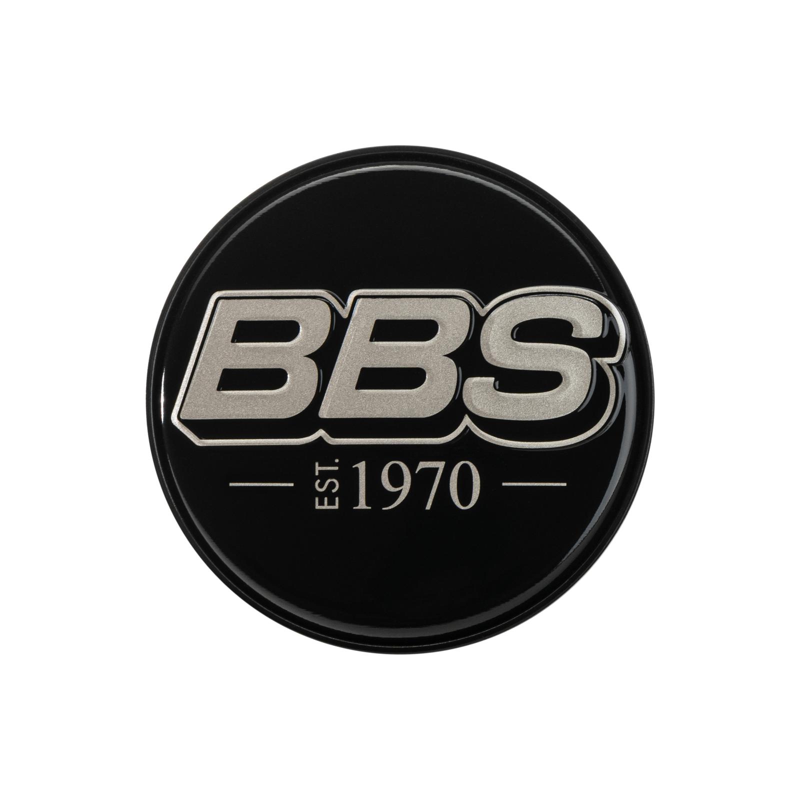 BBS 2D Nabendeckel est. 1970 geprägt schwarz mit Logo weißgold Ø56mm