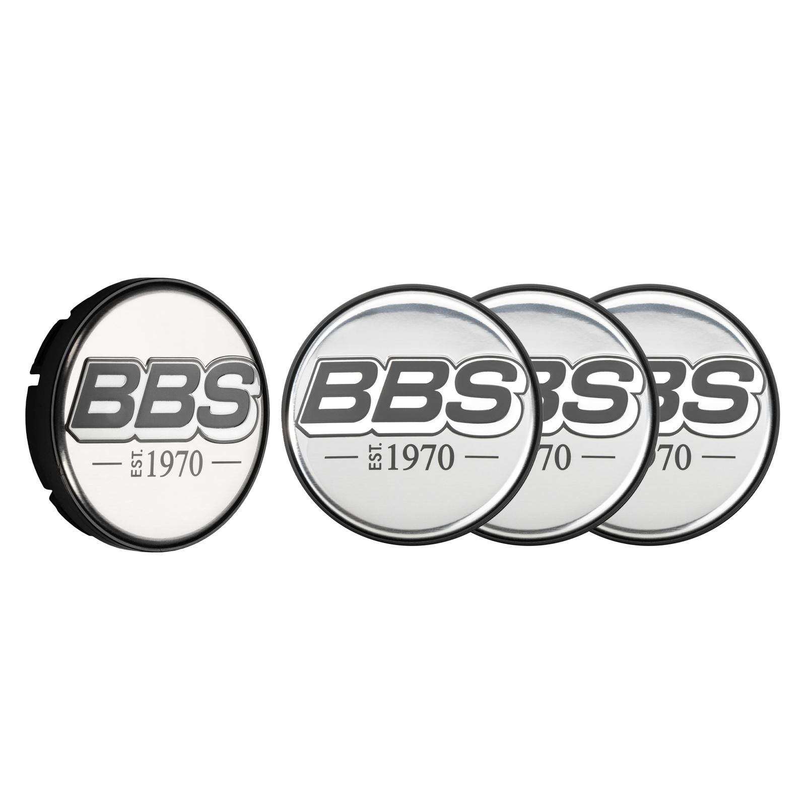 BBS 2D Nabendeckel est. 1970 geprägt chrom mit Logo grau/weiß Ø56mm (Set 4 Stück)